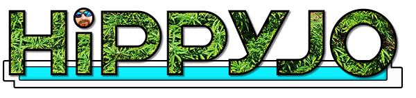 hippyjo logo, consisting of letters masking dense cannabis growth, and a face with sunglasses and a beard is in the dot of the letter i.